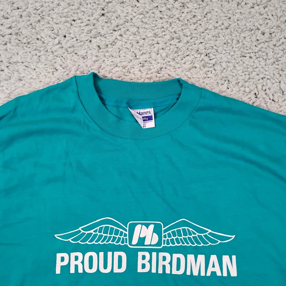 VINTAGE Hanes Shirt Mens Large Blue Green Bird Animal Single Stitch Wing USA 90s